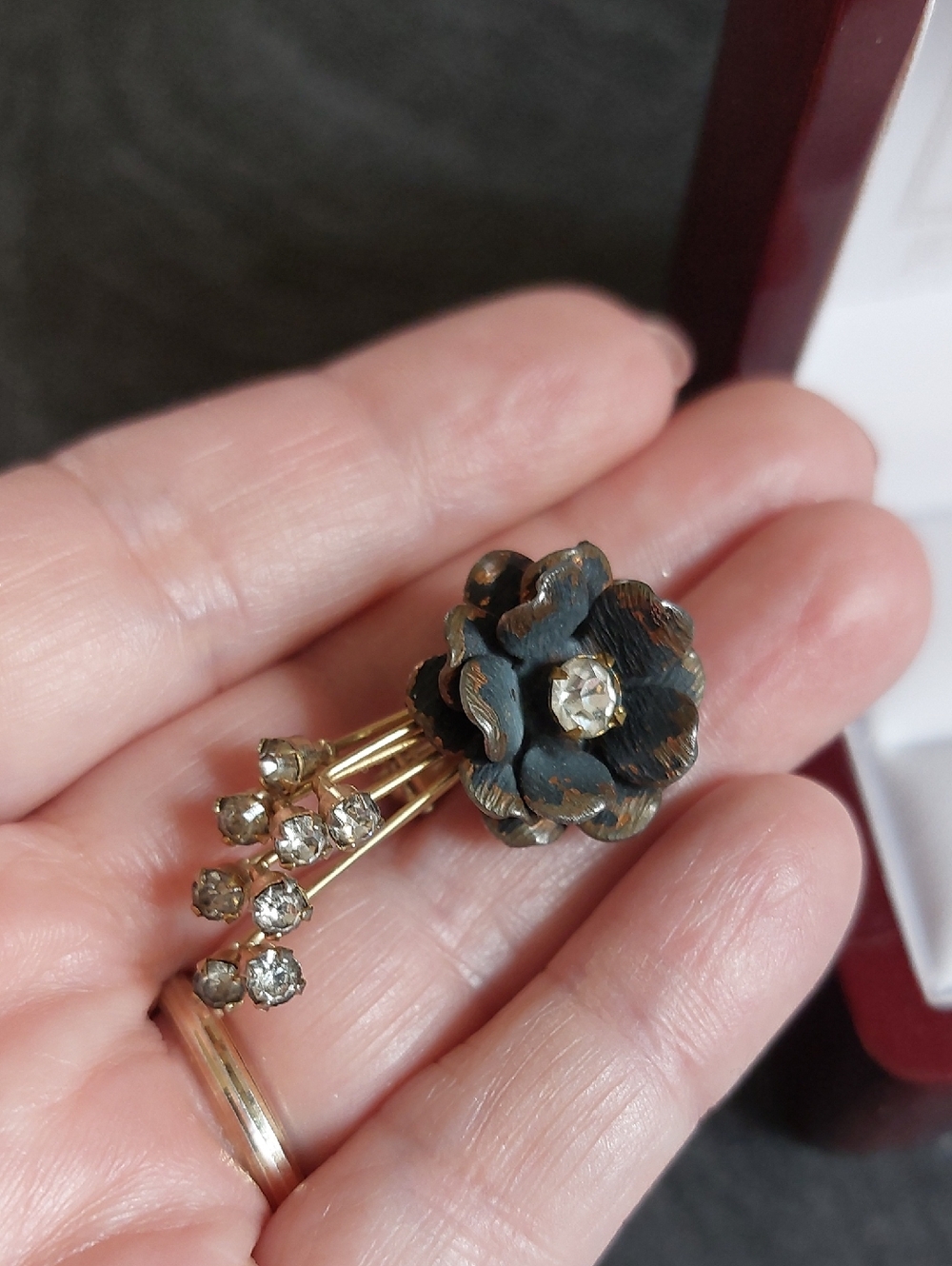Vintage Black Enamel Flower Brooch With Rhinestones